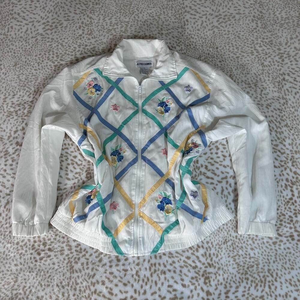 Alfred Dunner Vintage 90s Embroidered Floral Quilted Lattice Zip Up Jacket Size